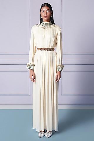 ivory satin chiffon metallic embroidered gown with belt