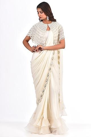 ivory satin georgette pearl work saree set