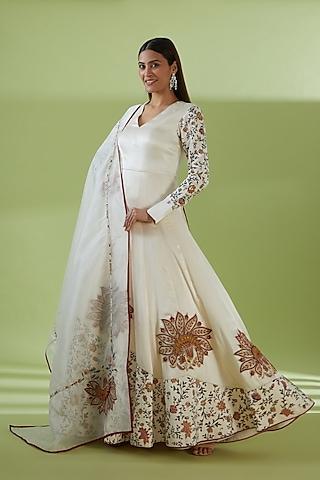 ivory satin georgette printed & embroidered anarkali set