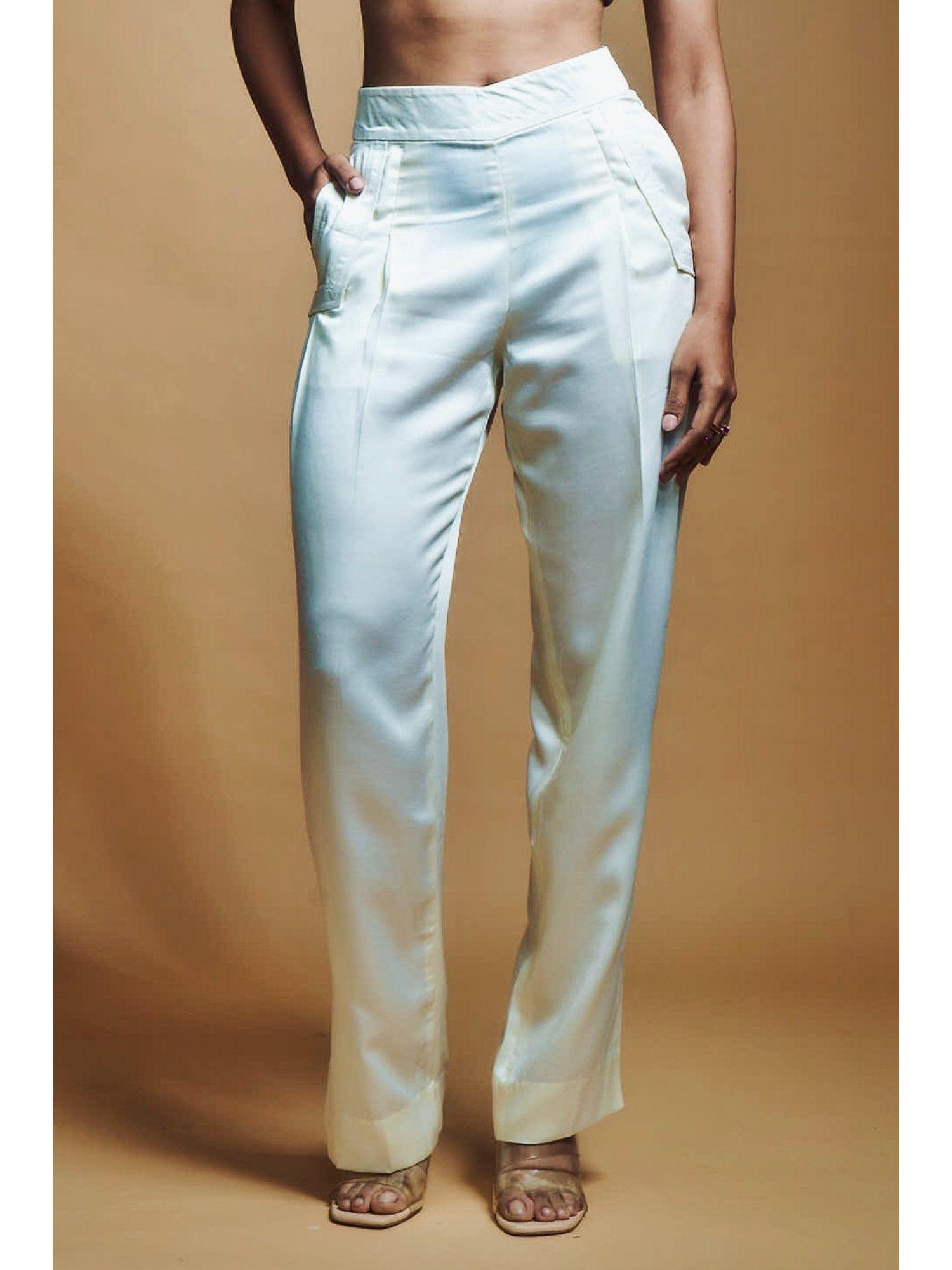 ivory satin pleated pants