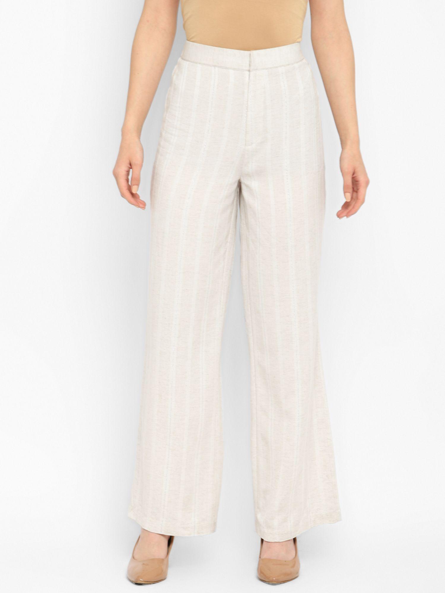 ivory self- design linen pants for women