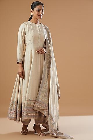 ivory self woven vegan silk anarkali set