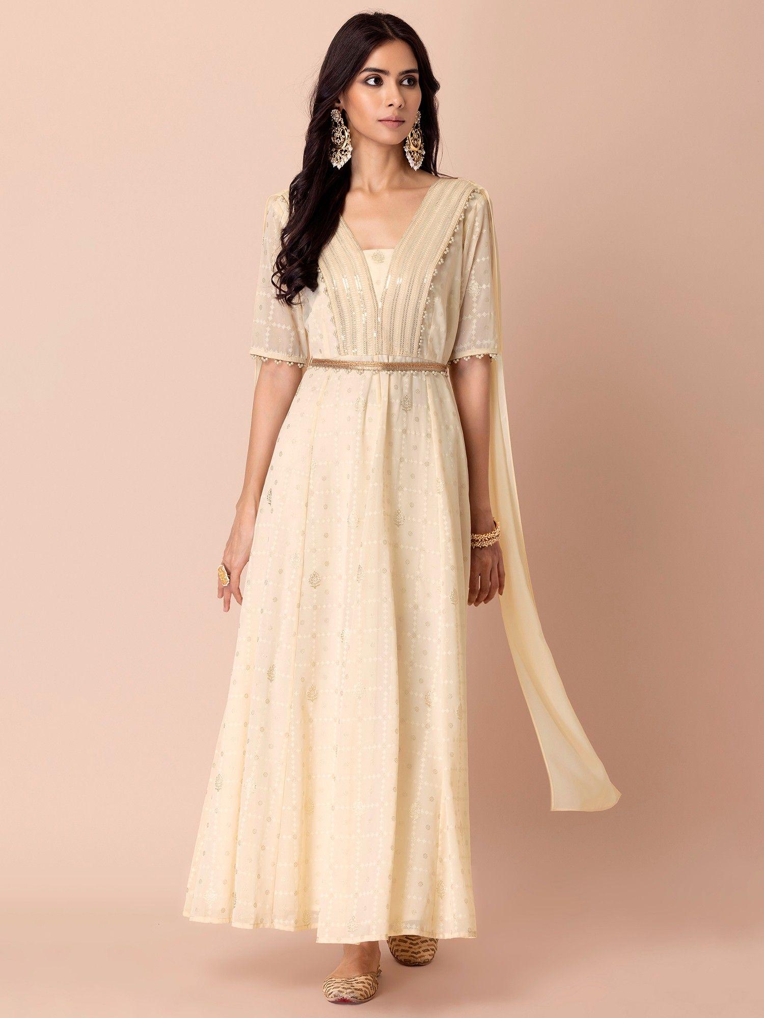 ivory sequin embroidered kurta with attached dupatta and belt (set of 2)