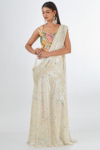 ivory sequins tulle printed pre-draped saree set