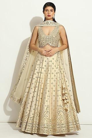 ivory shimmer raw silk mirror embroidered lehenga set