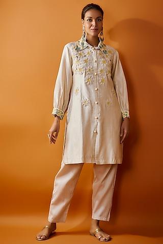 ivory silk & chanderi applique embroidered kurta set