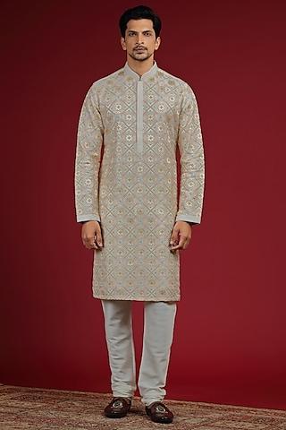 ivory silk blend patola embroidered kurta set