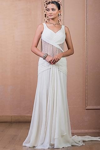 ivory silk chiffon draped gown