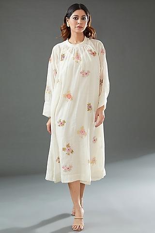 ivory silk cotton printed midi dress