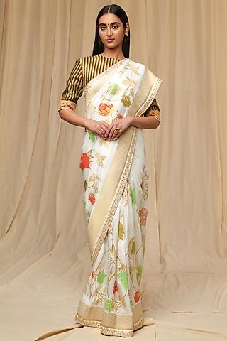 ivory silk embroidered & printed saree set