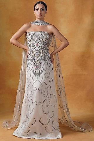 ivory silk embroidered gown with cape