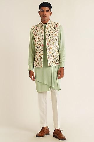 ivory silk floral embroidered nehru jacket