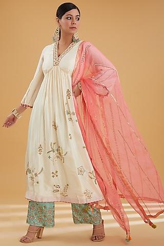 ivory silk hand embroidered kurta set