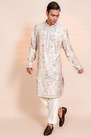 ivory silk machine embroidered kurta set