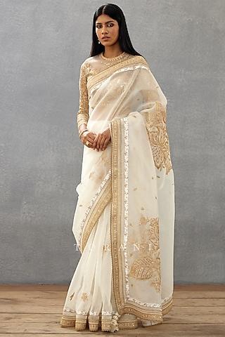 ivory silk organza & cotton silk embroidered saree
