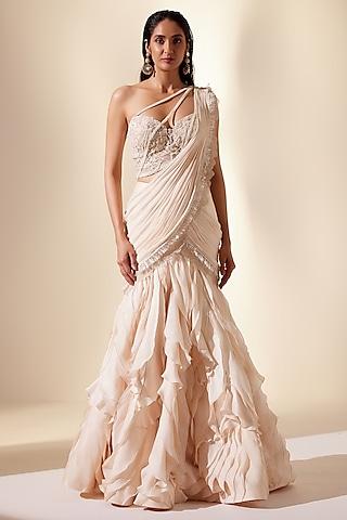 ivory silk organza & net hand embroidered draped saree set