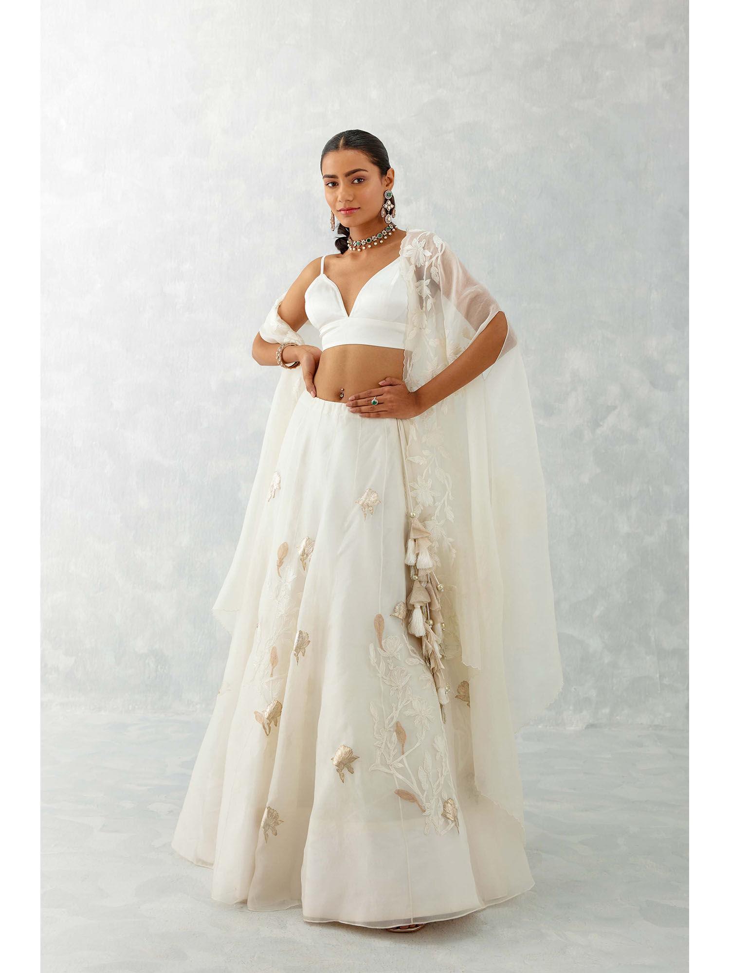 ivory silk organza cape lehenga (set of 3)