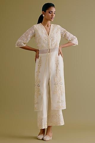 ivory silk organza dori & sequins embroidered kurta set