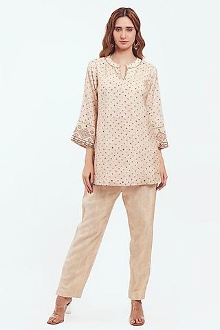 ivory silk printed & embroidered tunic set