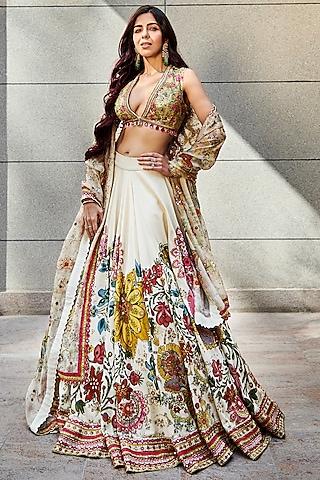 ivory silk printed lehenga set