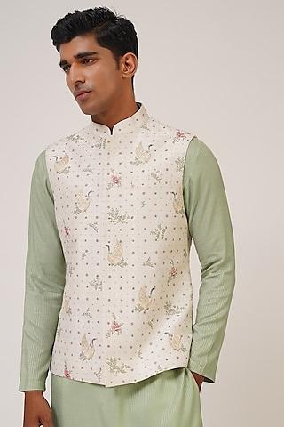 ivory silk thread embroidered nehru jacket