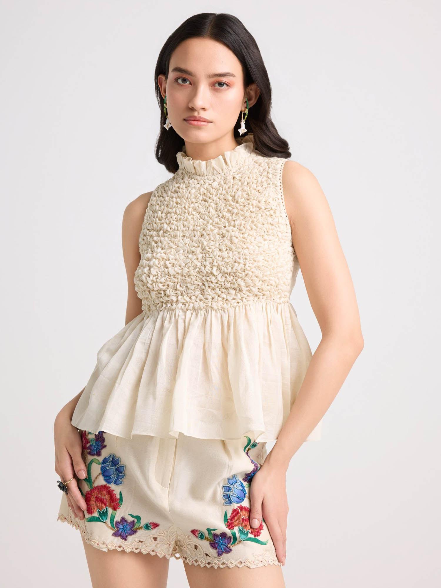 ivory smocked textured top