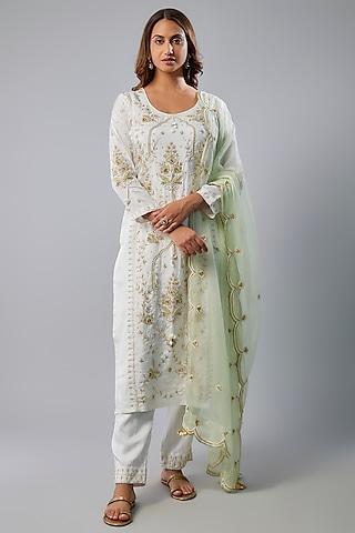 ivory spun silk hand embroidered kurta set