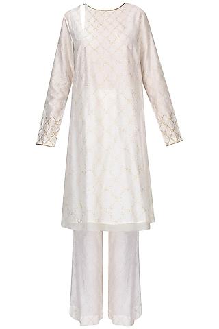 ivory textured badla work kaftan with wide leg pants