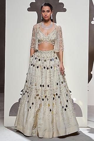 ivory tissue & tulle mesh embellished jacket lehenga set