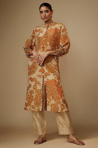 ivory tissue organza paisley printed & aari embroidered a-line kurta set