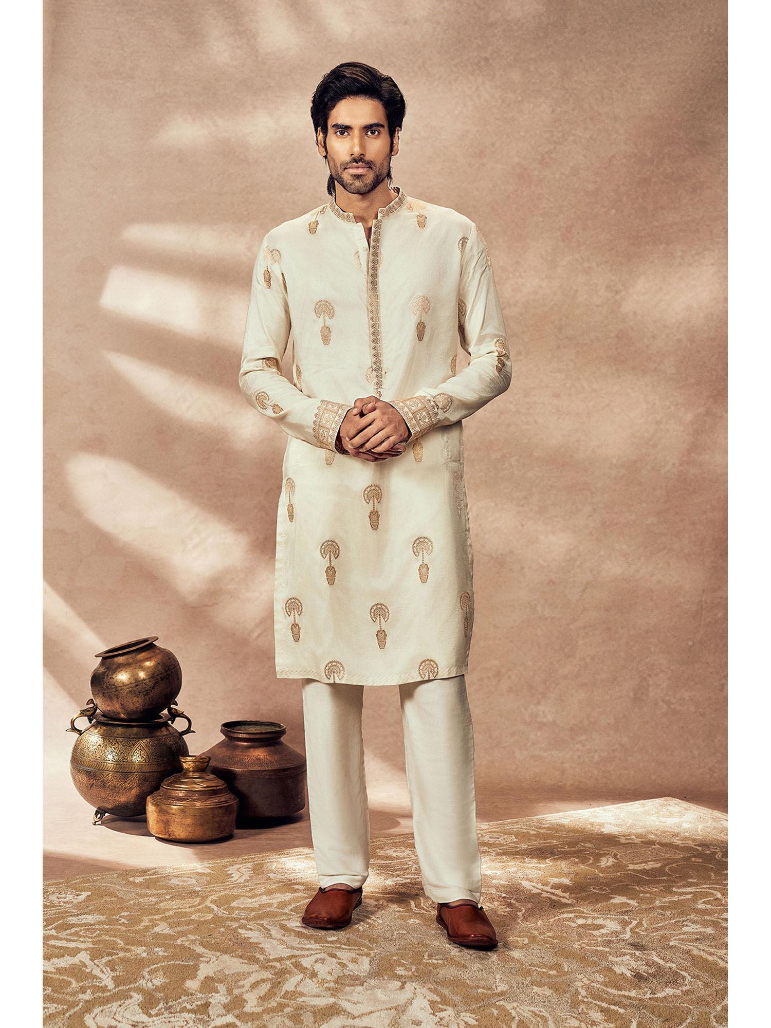 ivory traveller's palm jacquard kurta