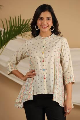 ivory tribal printed pure cotton shirt style tunic with beads work - ivory
