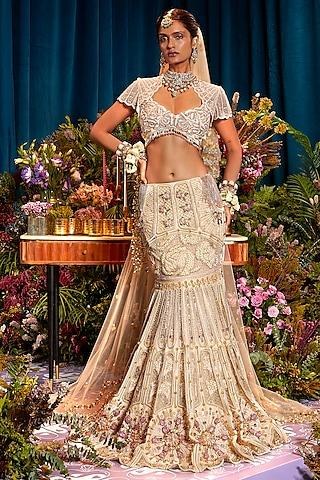 ivory tulle & organza hand embroidered lehenga set