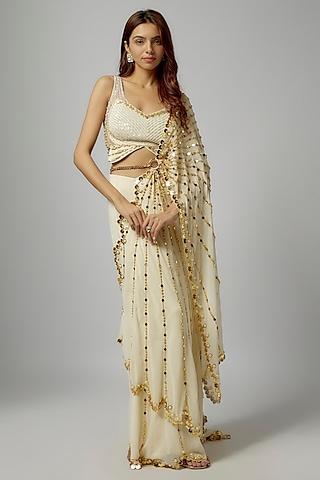 ivory tulle asymmetric pre-draped saree set