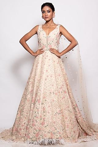 ivory tulle embellished trail gown with dupatta