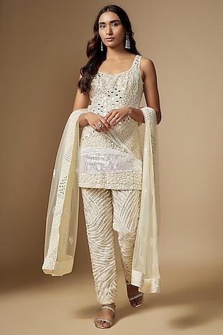 ivory tulle hand embroidered kurta set