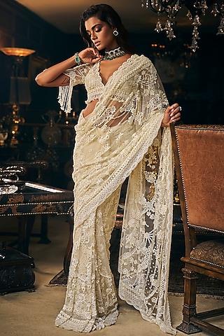 ivory tulle sequins embroidered saree set