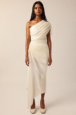 ivory vegan modal satin ruched one-shoulder dress