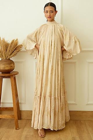 ivory viscose crepe embroidered maxi dress