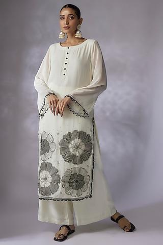 ivory viscose georgette embroidered kurta set