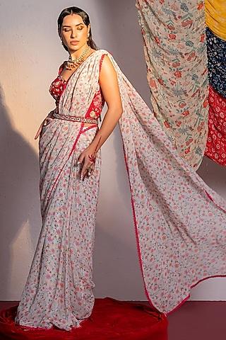 ivory viscose georgette printed & mirror embroidered draped saree set