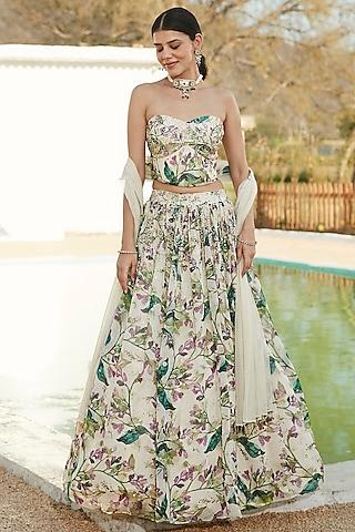 ivory viscose organza embellished & printed lehenga set