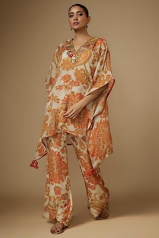 ivory viscose organza paisley printed & aari embroidered kaftan set