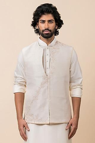 ivory viscose polyester blend embroidered bundi jacket