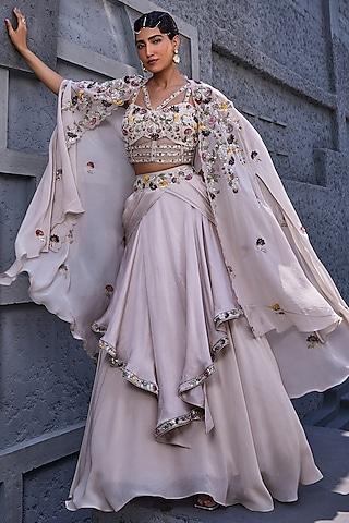 ivory viscose satin organza & georgette embroidered jacket lehenga set