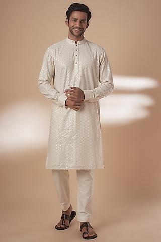 ivory viscose silk anchor embroidered chikankari kurta set