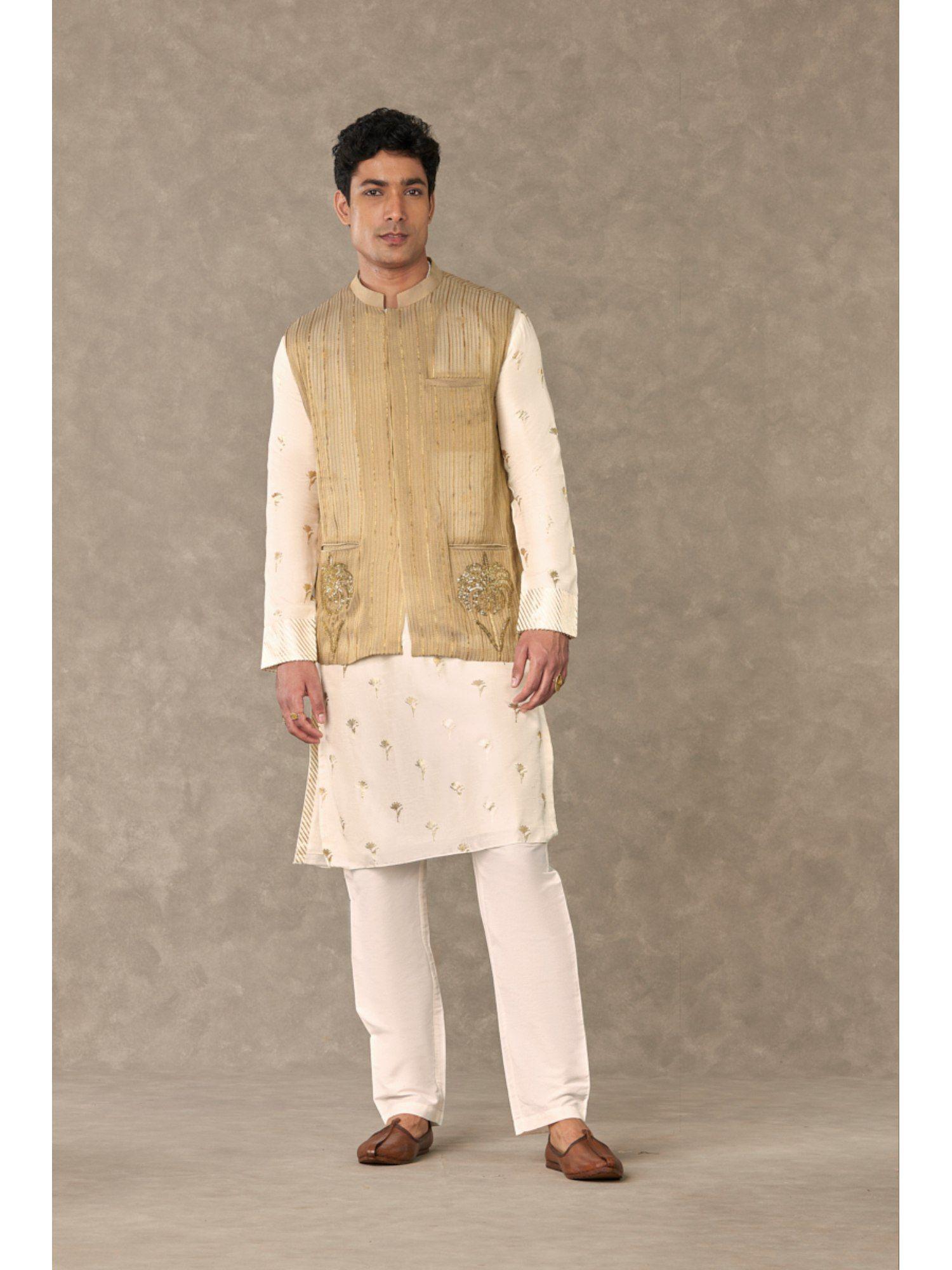 ivory wine garden floral kurta with nehru jacket (set of 2)