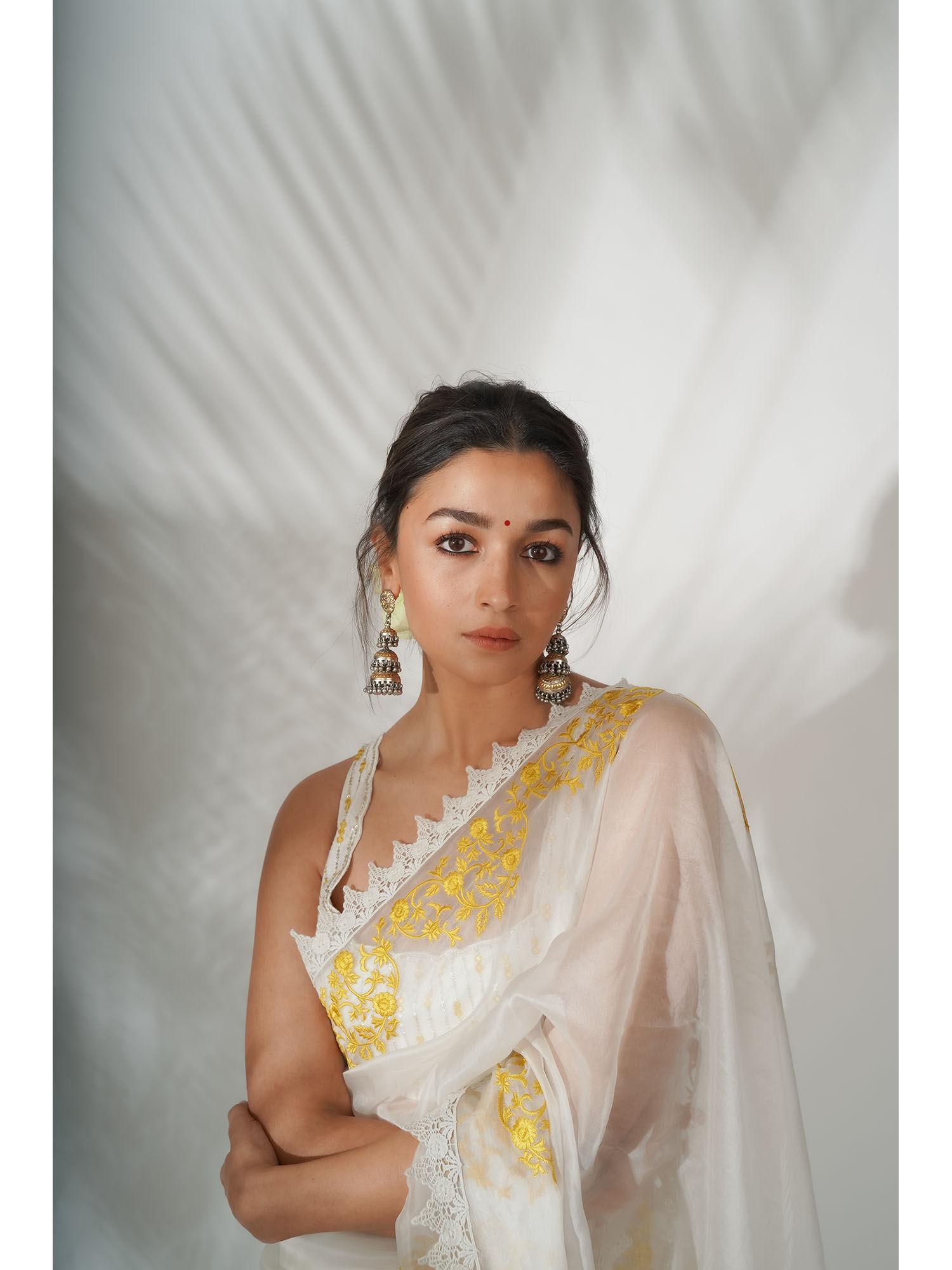 ivory yellow silk organza saree with stitched blouse (set of 2)