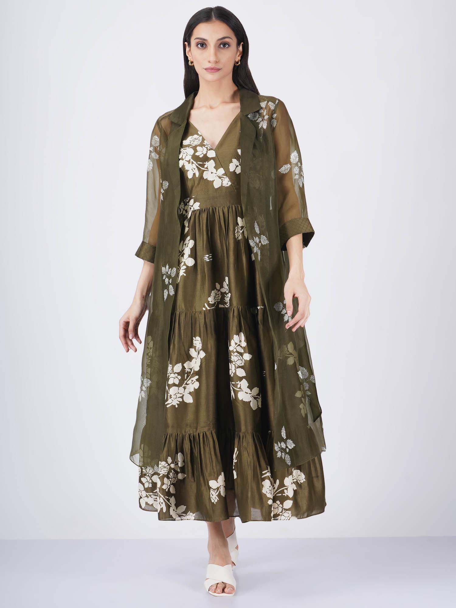 ivy petal print tier olive dress with organza jacket (set of 2)