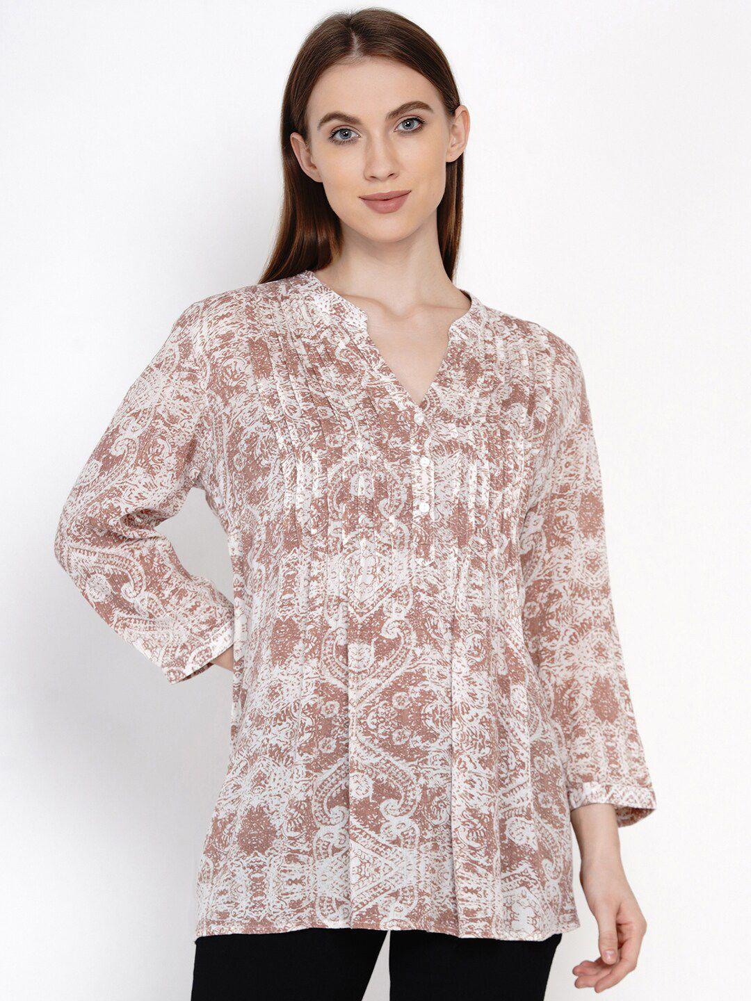 ix impression brown & white abstract printed mandarin collar regular longline top